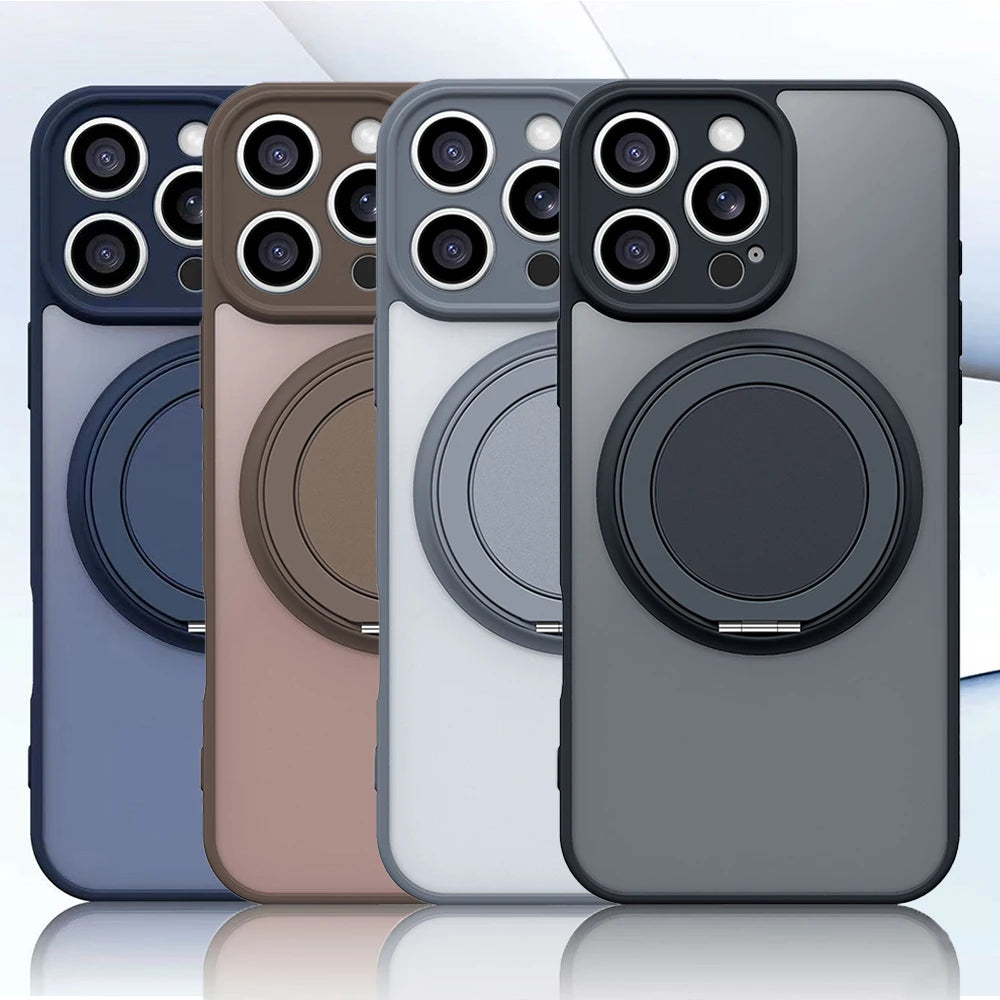 360° Rotating Bracket Magnetic Case for Iphone 17 16 15 13 11 14 12 Pro Max Matte Hard Acrylic Wireless Charge Protection Cover