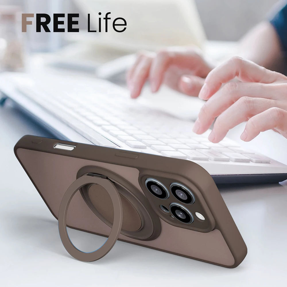 360° Rotating Bracket Magnetic Case for Iphone 17 16 15 13 11 14 12 Pro Max Matte Hard Acrylic Wireless Charge Protection Cover