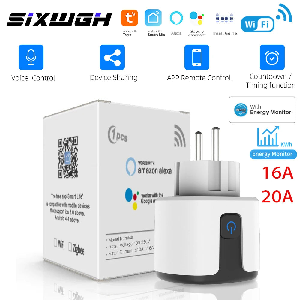 Tuya Smart Socket WIFI 16A/20A EU US UK AU Plug with Monitoring Timing Function Smart Home Electronic Power Outlet Alexa
