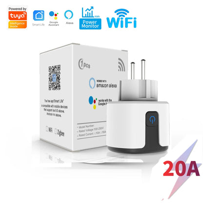Tuya Smart Socket WIFI 16A/20A EU US UK AU Plug with Monitoring Timing Function Smart Home Electronic Power Outlet Alexa